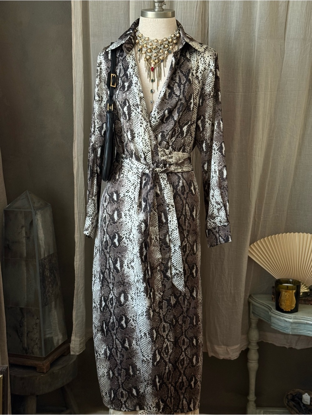 Y2K vintage Snake animal reptile print collared midi wrap belted dress festival